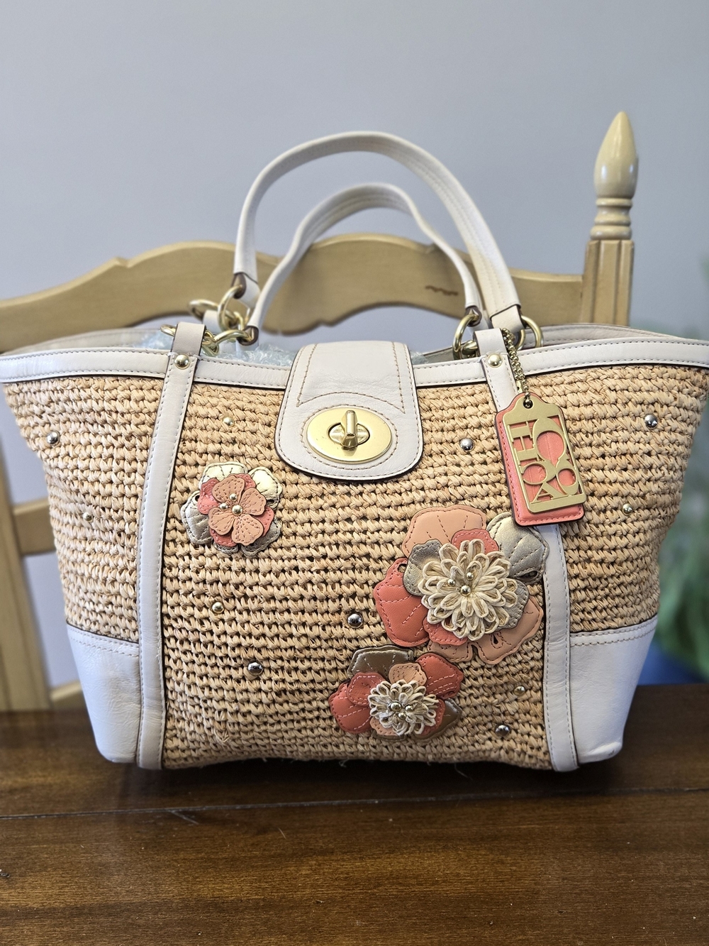 Coach Hamptons Straw Tote with Coral Floral Appliqué and Ivory Trim